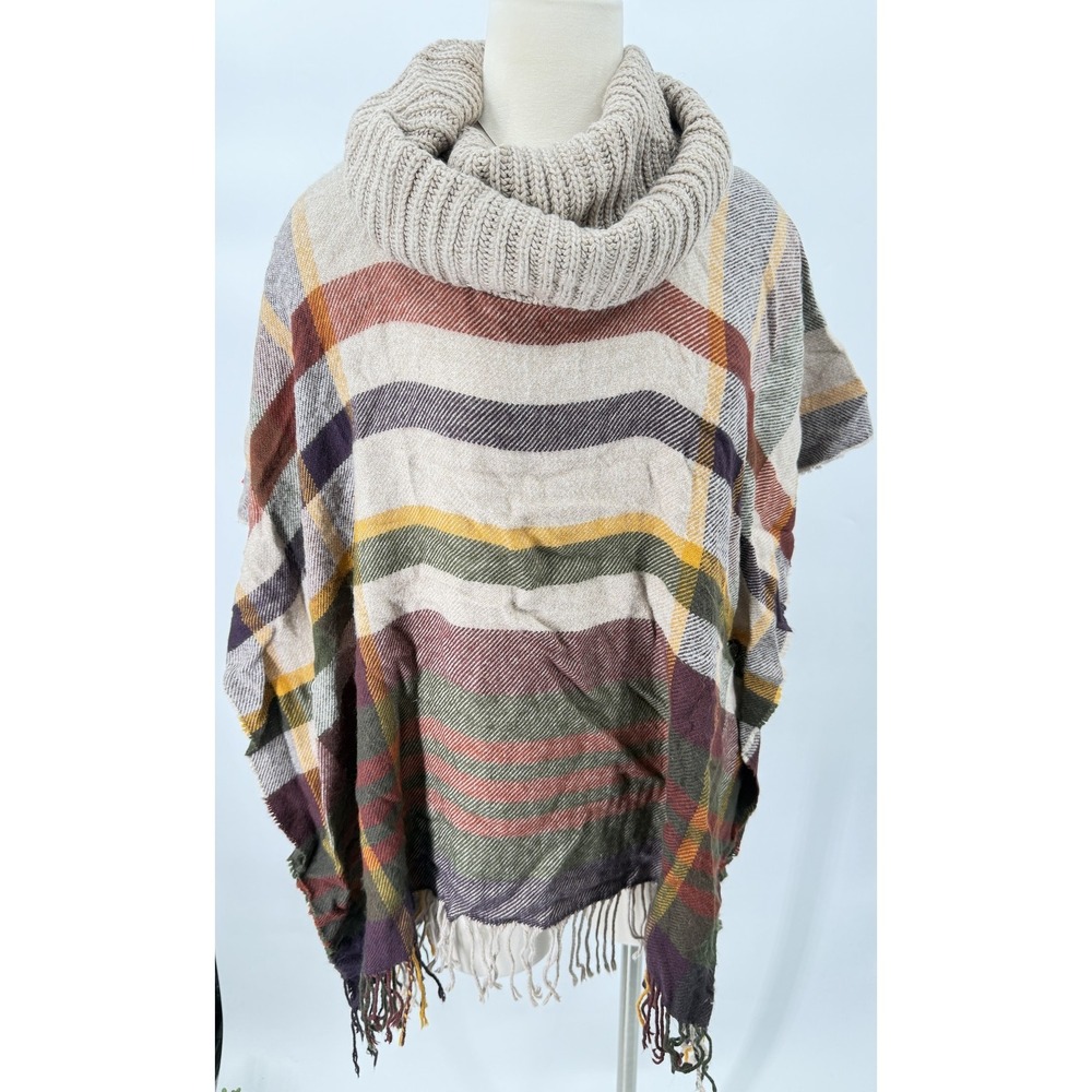 FRAAS Cape Sweater Womens S/M Beige Plaid Cowl Neck Open Knit Fringe Oversized